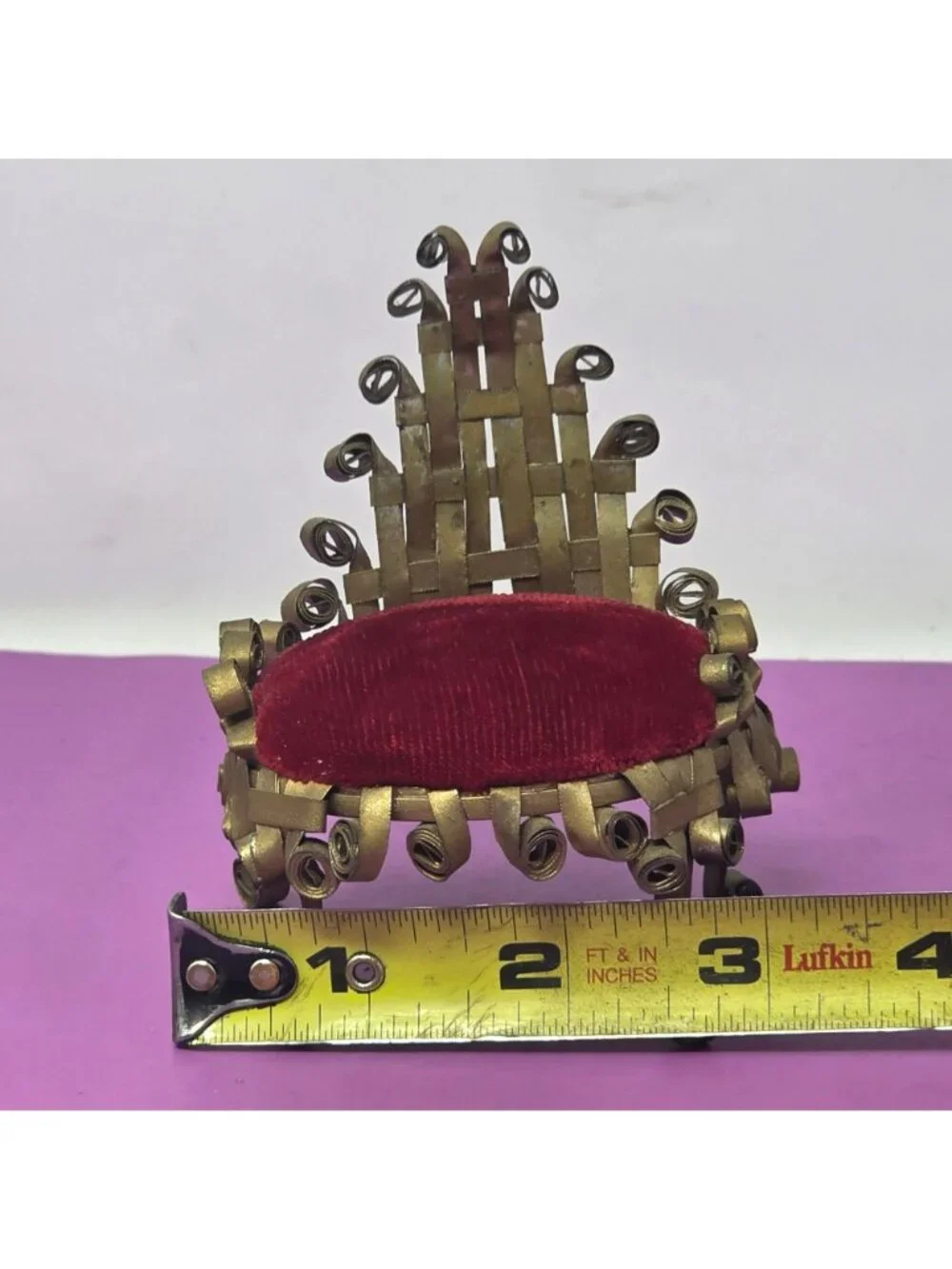 Vintage Handmade Tin Metal Scroll Chair Red Velvet Dollhouse/PinCushion Folk Art